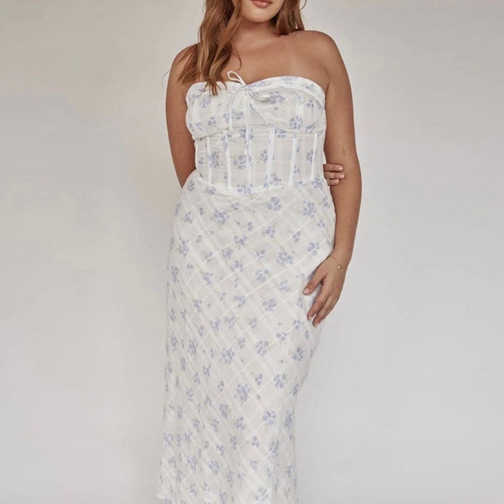 Sabo Skirt Rumer white cotton midi dress with blue dainty floral pattern size XL